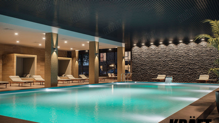 Open cell ceiling in the interior of the pool of a private house (+3 photo)