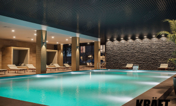 Open cell ceiling in the interior of the pool of a private house (+3 photo)