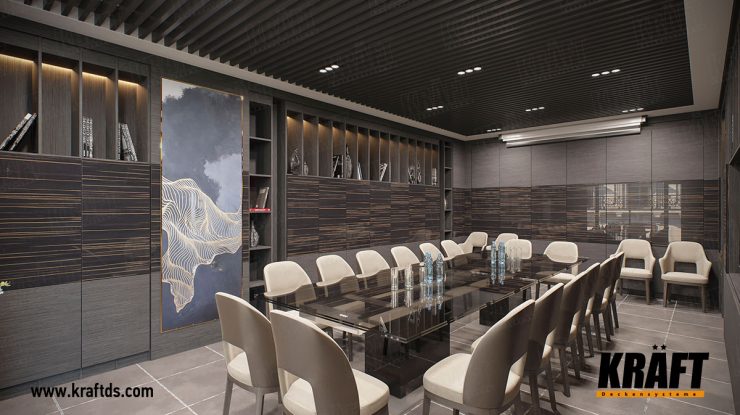 Wood, glass, metal - meeting room with a rail ceiling (+5 photos)