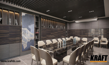 Wood, glass, metal - meeting room with a rail ceiling (+5 photos)