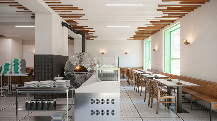 Laconic design: creative linear strip ceiling in a pizzeria (+6 photo)