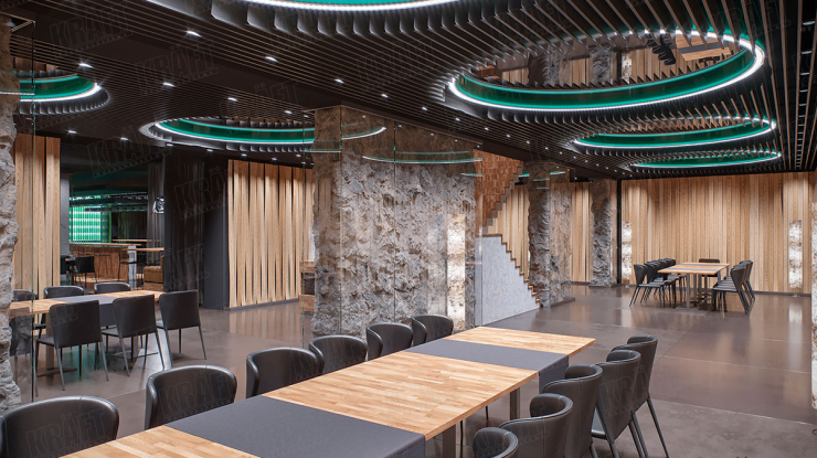 Bir restoran tasarımında kullanılan ayna eklentili KRAFT Vektörel asma tavan