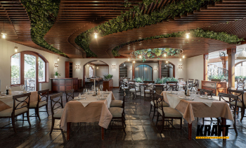 Bir restoran tasarımında kullanılan KRAFT baffle asma tavan