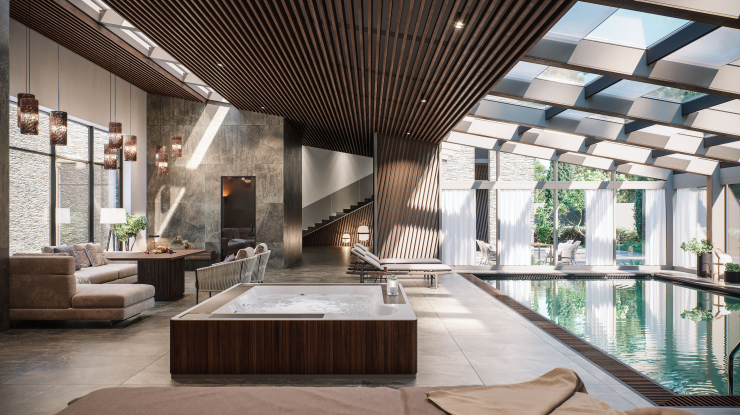 Bir yüzme havuzu iç mekanında ahşap görünümlü KRAFT baffle asma tavan