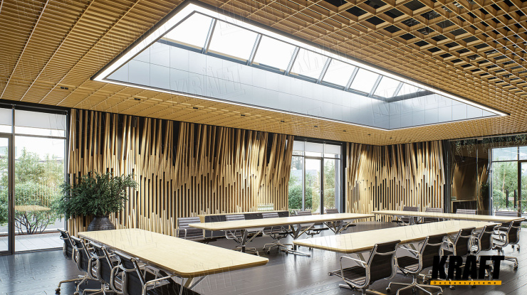 Pyramidal Open Cell Ceiling and Non-Standard Décor with Cube-Shaped Rails in an Office